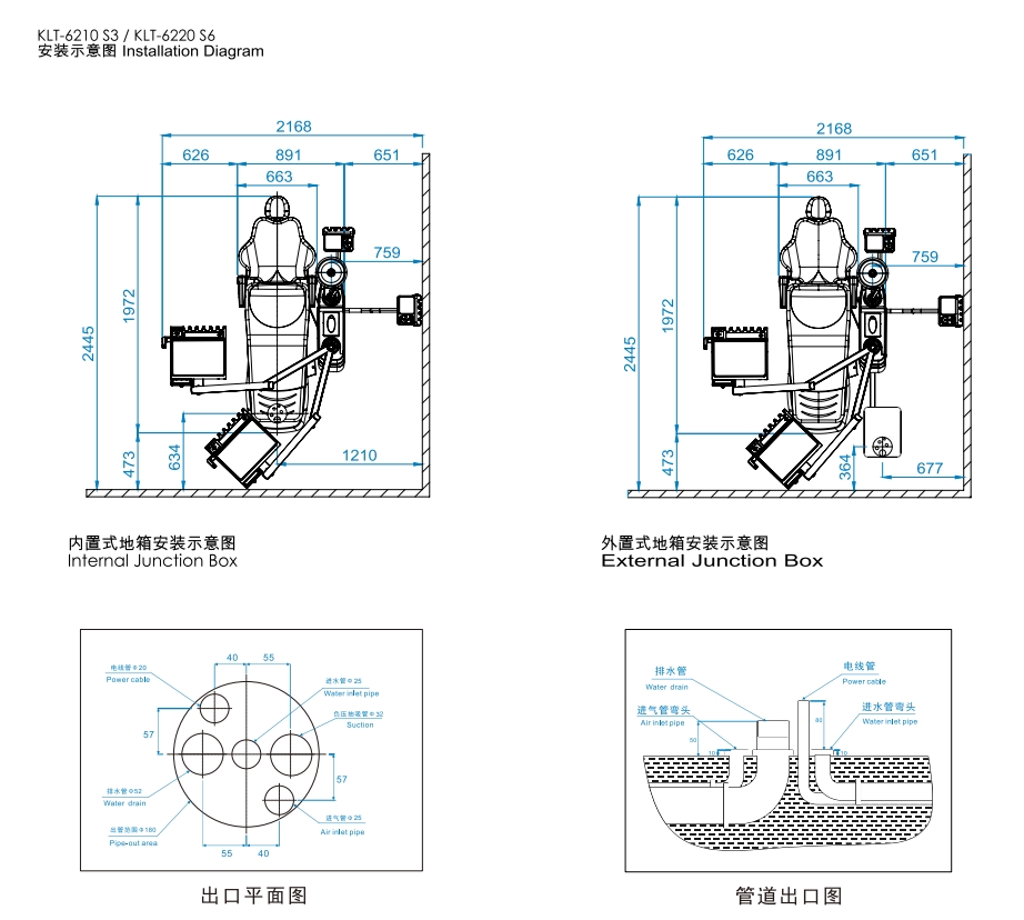 Model S3/S6 dental chair installation diagram, showing dimensions and junction box details for dental clinic setup.