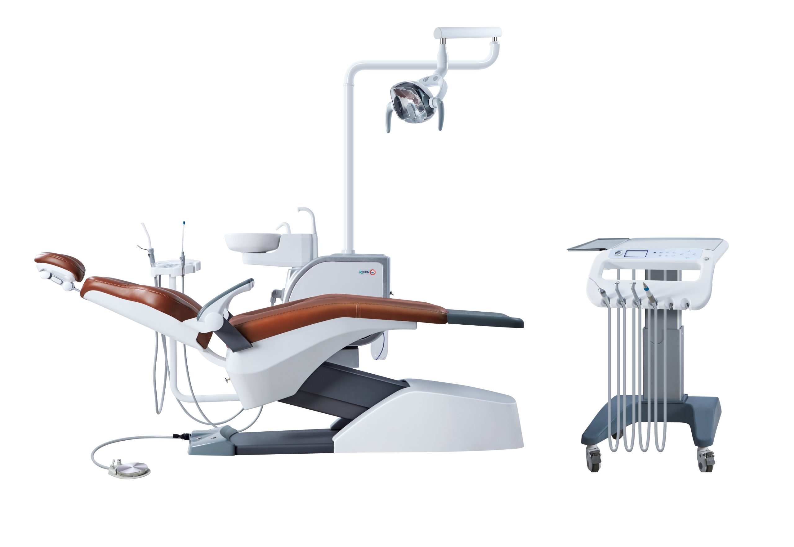 Model S3 dental chair with brown leather seat, LED sensor light, and ergonomic design - Roson