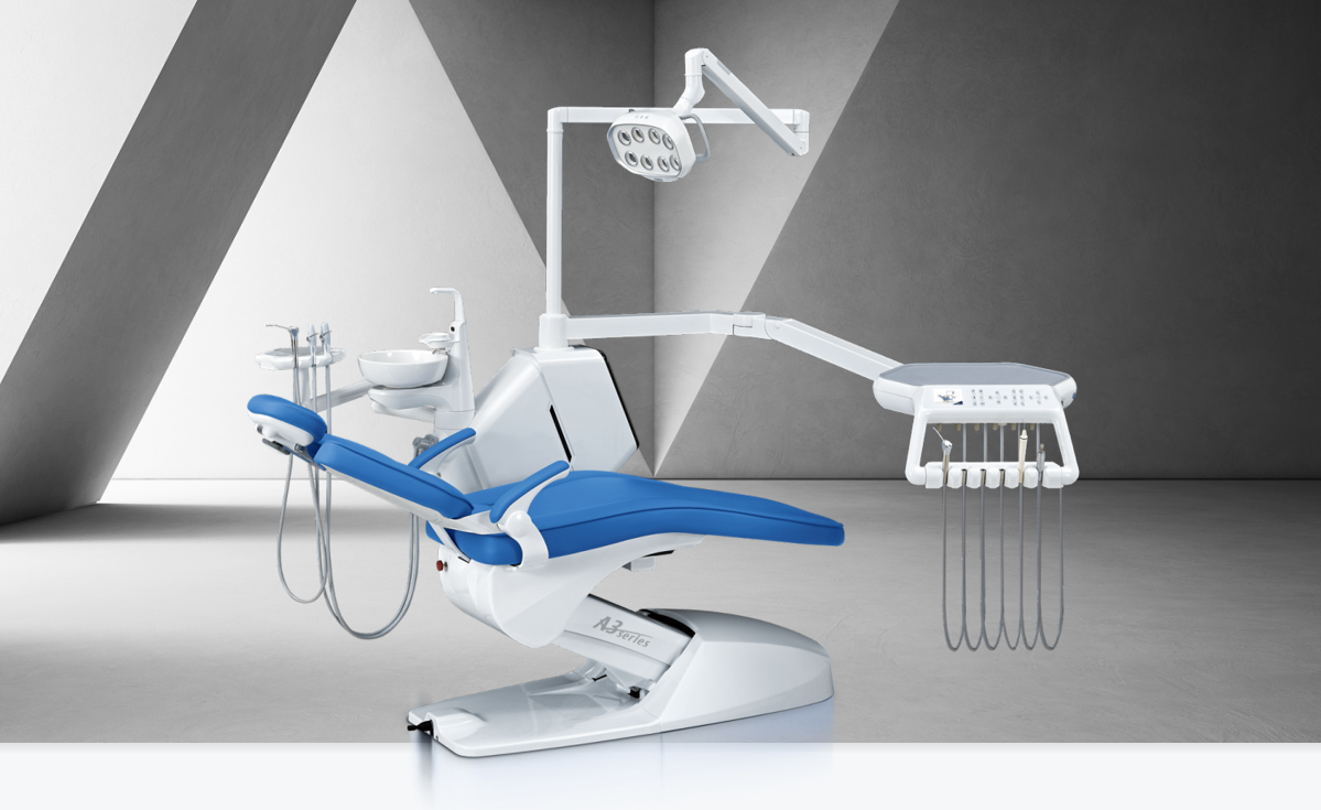 ROSON A3 series dental chair with blue upholstery and white frame, ergonomic design for dentists.