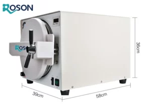 Roson dental autoclave with dimensional specifications showing 39cm width, 36cm height, and 58cm depth, displayed from a front view with the sterilization chamber door visible