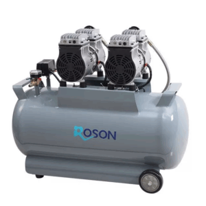 A light blue portable dental air compressor with dual motors, branded with the ROSON logo on the tank