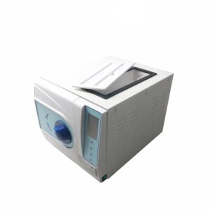 White dental autoclave with blue door and digital control panel, showing the sterilization equipment from a side angle