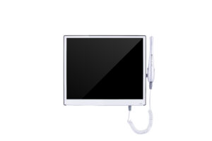 Square dental intraoral camera monitor with black screen and white border, featuring attached handpiece on coiled cord