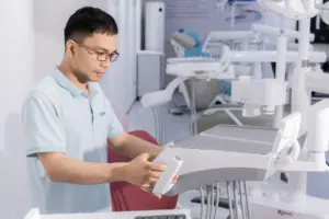 A dental technician adjusting equipment in a dental office, wearing glasses and a light blue polo shirt
