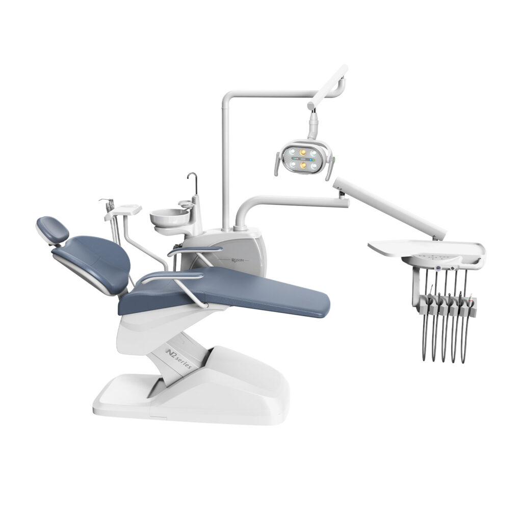 精英型 N2 PRO 牙科治疗椅，白色和蓝色，Roson N2 系列，符合人体工学的牙科设备设计