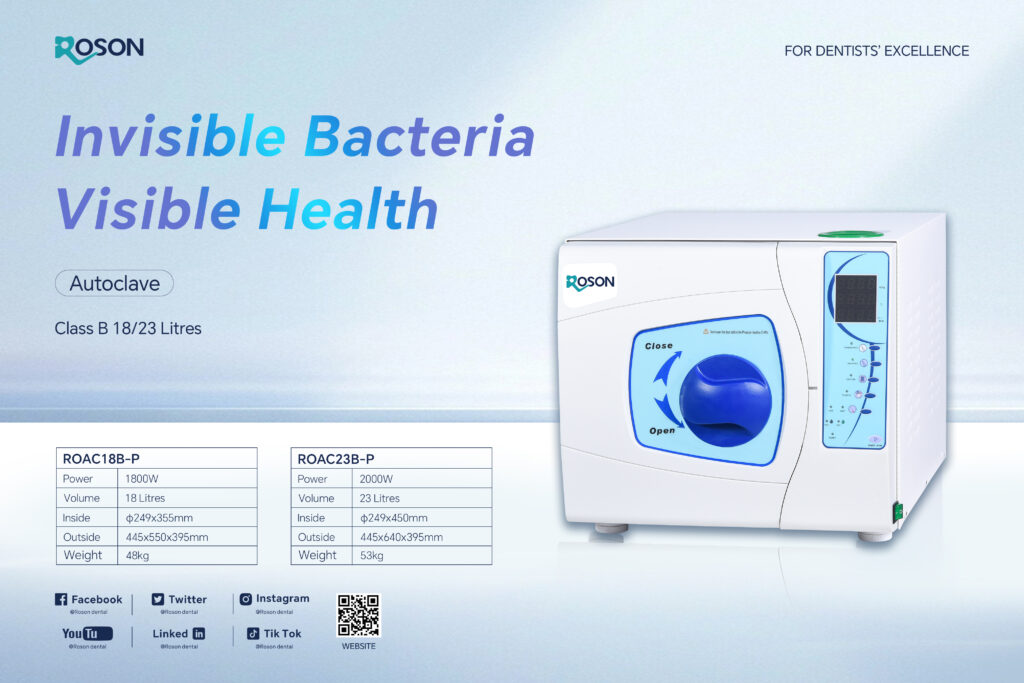 Roson dental autoclave Class B 18/23 litres model with technical specifications showing power, volume, dimensions and weight details. Features the slogan 'Invisible Bacteria, Visible Health' and company social media information