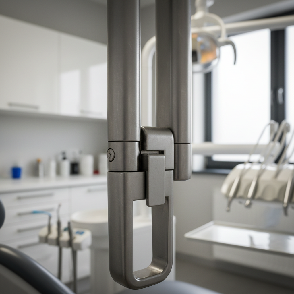 A close-up view of a dental chair's robust, flip-up armrest, designed to allow for easy patient transfers from a wheelchair.