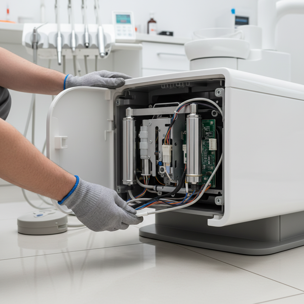 A service technician easily accessing the internal mechanics of a dental chair, highlighting the importance of designs that allow for simple maintenance.