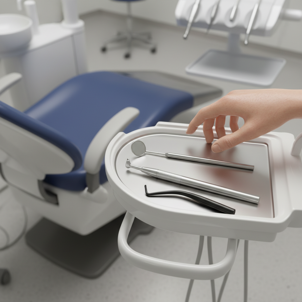 A close-up of a dental instrument tray positioned perfectly within the dentist's immediate reach, next to the patient chair.