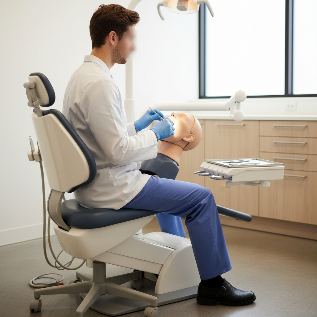 A dentist easily adjusts a swiveling dental chair, allowing comfortable access to instruments without twisting their body.