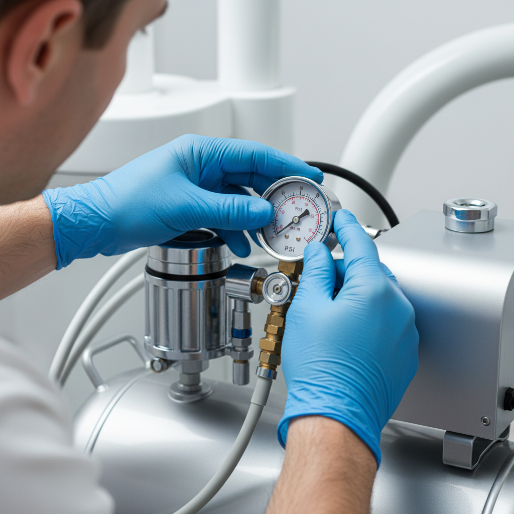A technician carefully inspects the gauges and filters on a dental air compressor, performing routine maintenance to ensure compliance.