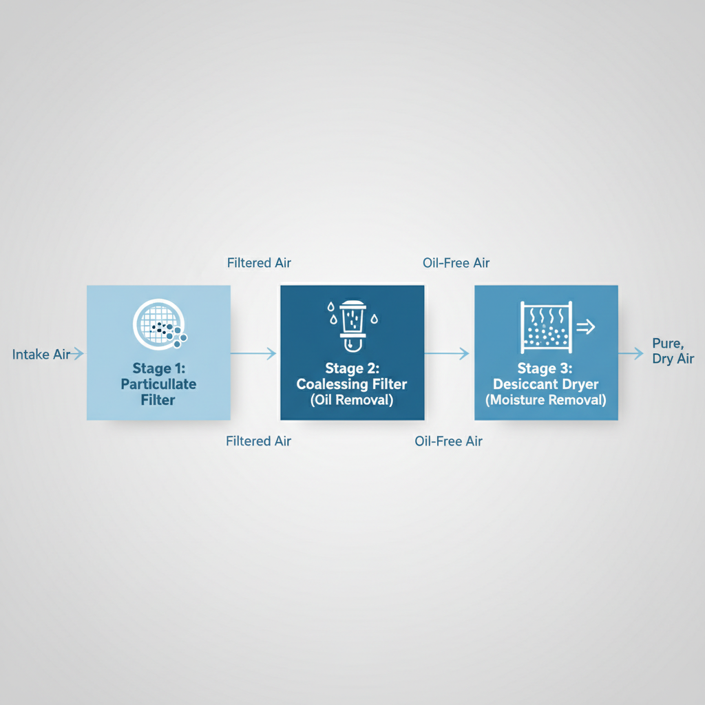 牙科空气压缩机多级过滤系统的阶段图,包括颗粒、油和湿气的去除。