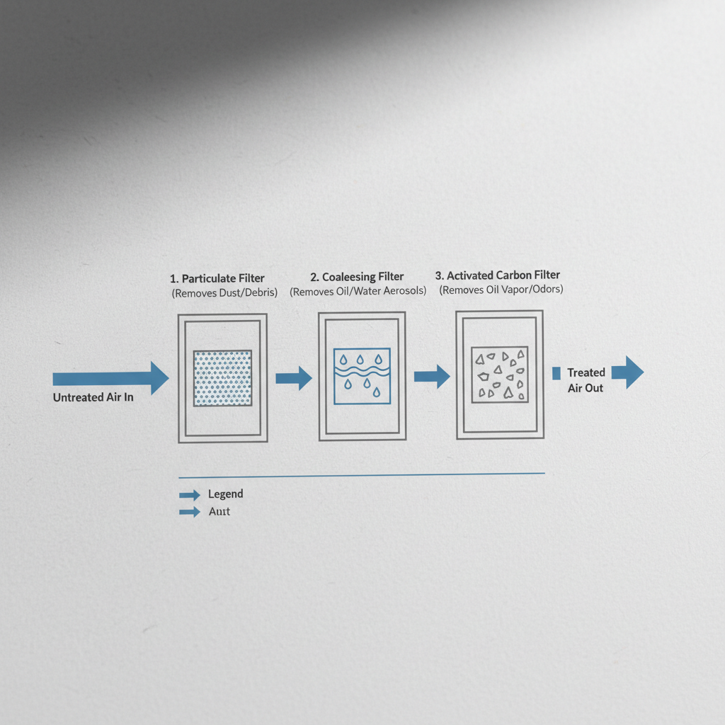 A diagram showing the three stages of air filtration for a dental compressor: particulate, coalescing, and activated carbon filters.