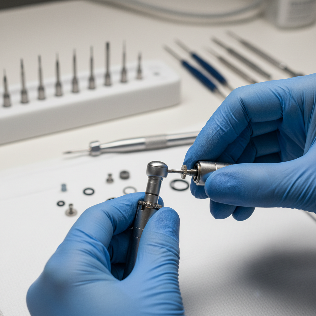 A close-up of a technician's hands carefully servicing a high-speed dental handpiece.