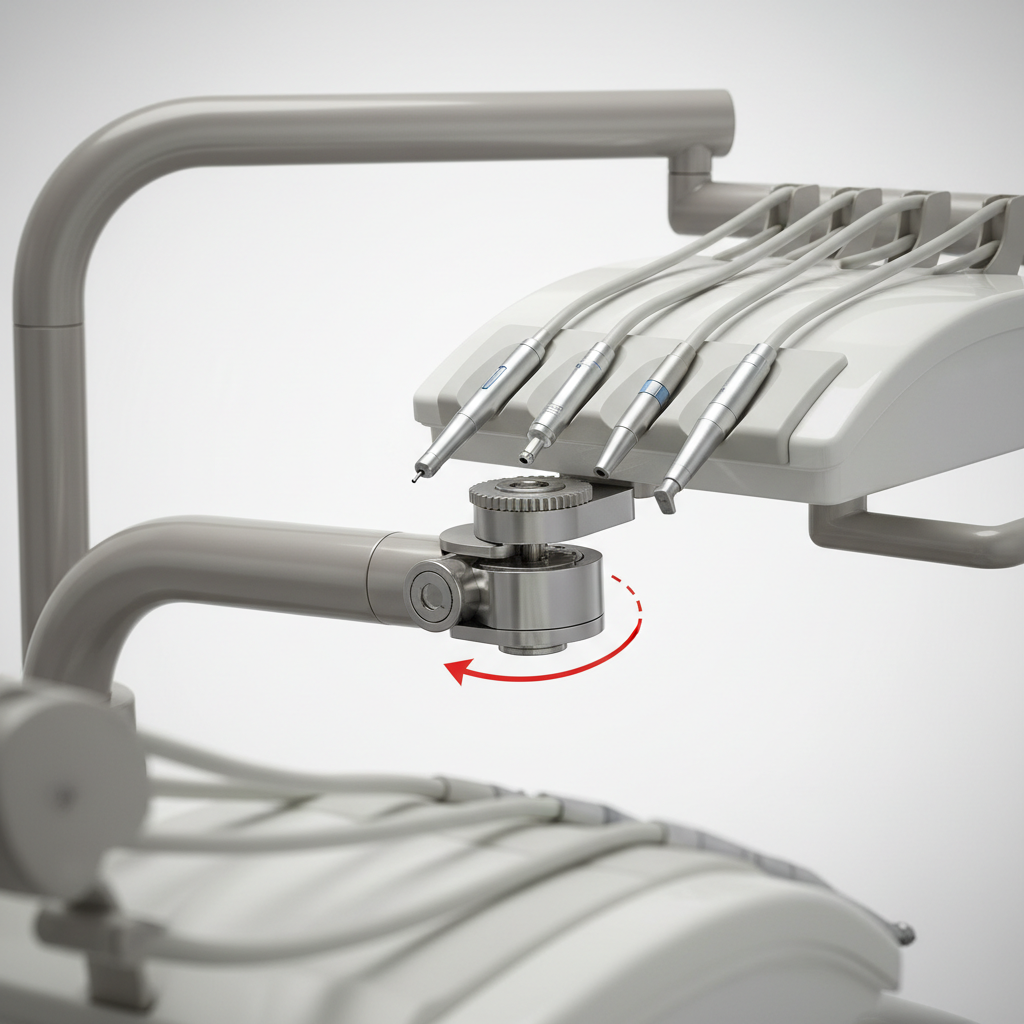 牙科治疗椅的左右手转换装置特写,显示旋转器械输送系统。