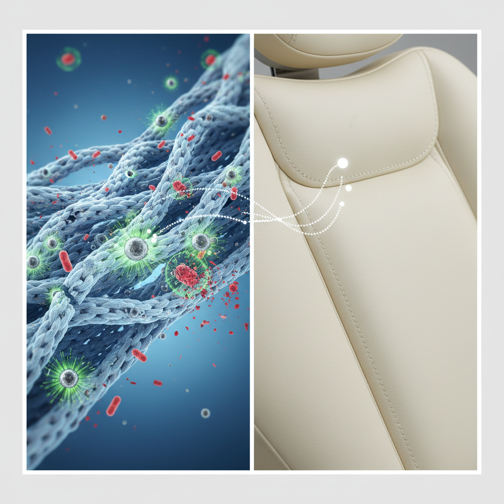 A split-screen image showing a microscopic view of antimicrobial fibers neutralizing bacteria on one side, and a clean, intact upholstery surface on the other.