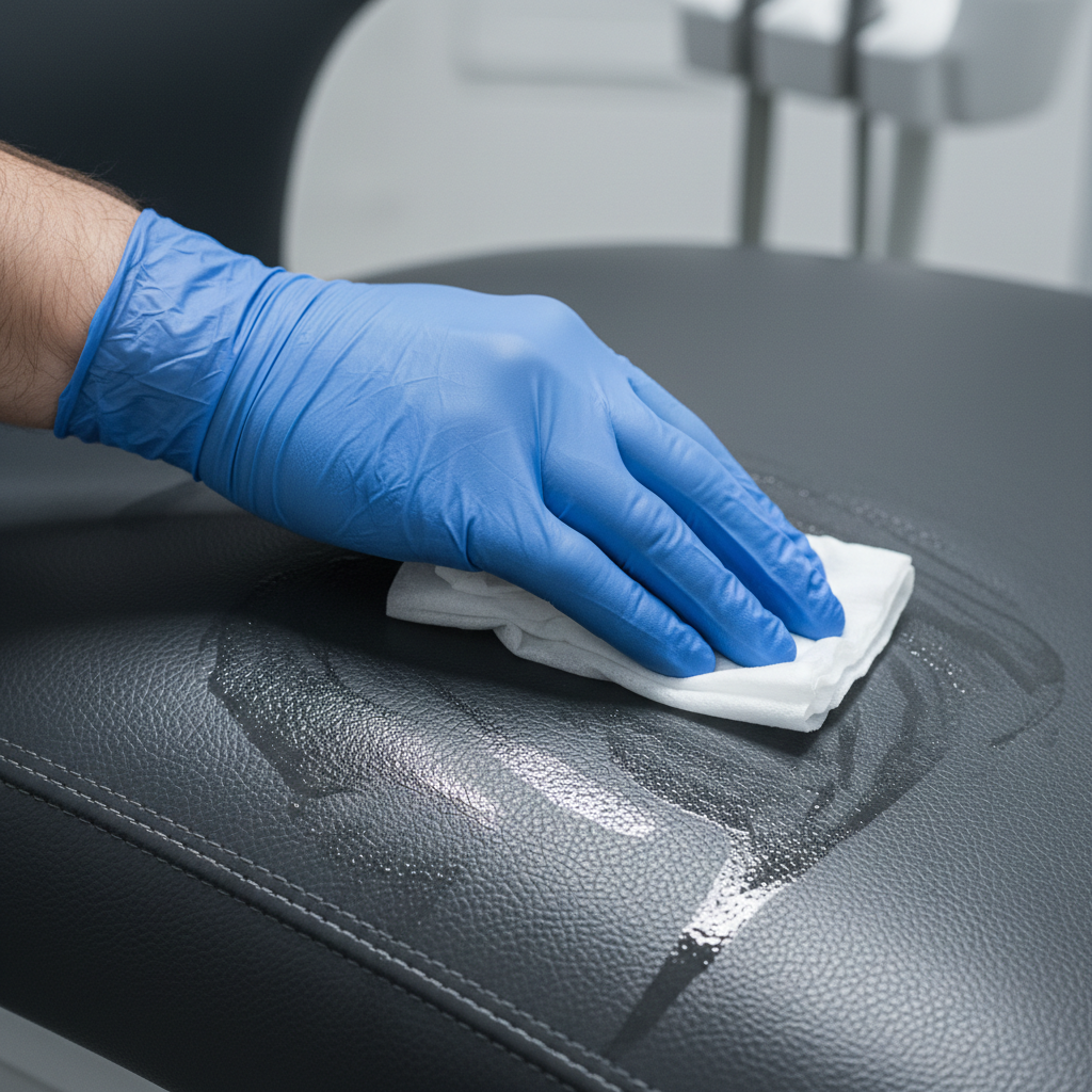 A close-up view of a gloved hand wiping down a dark gray antimicrobial dental chair with a disinfectant wipe, illustrating proper cleaning protocol.
