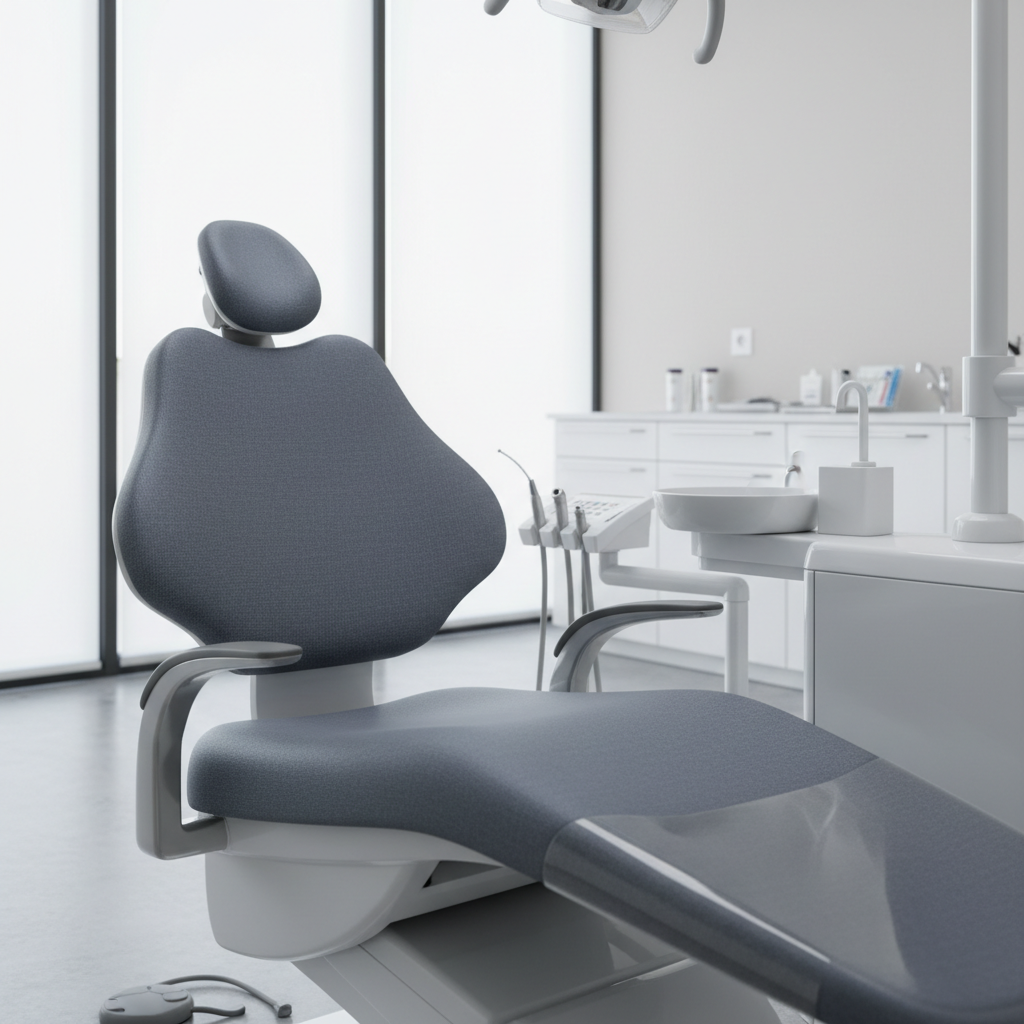 A modern dental chair with high-quality, textured antimicrobial upholstery in a clean, professional clinic setting.