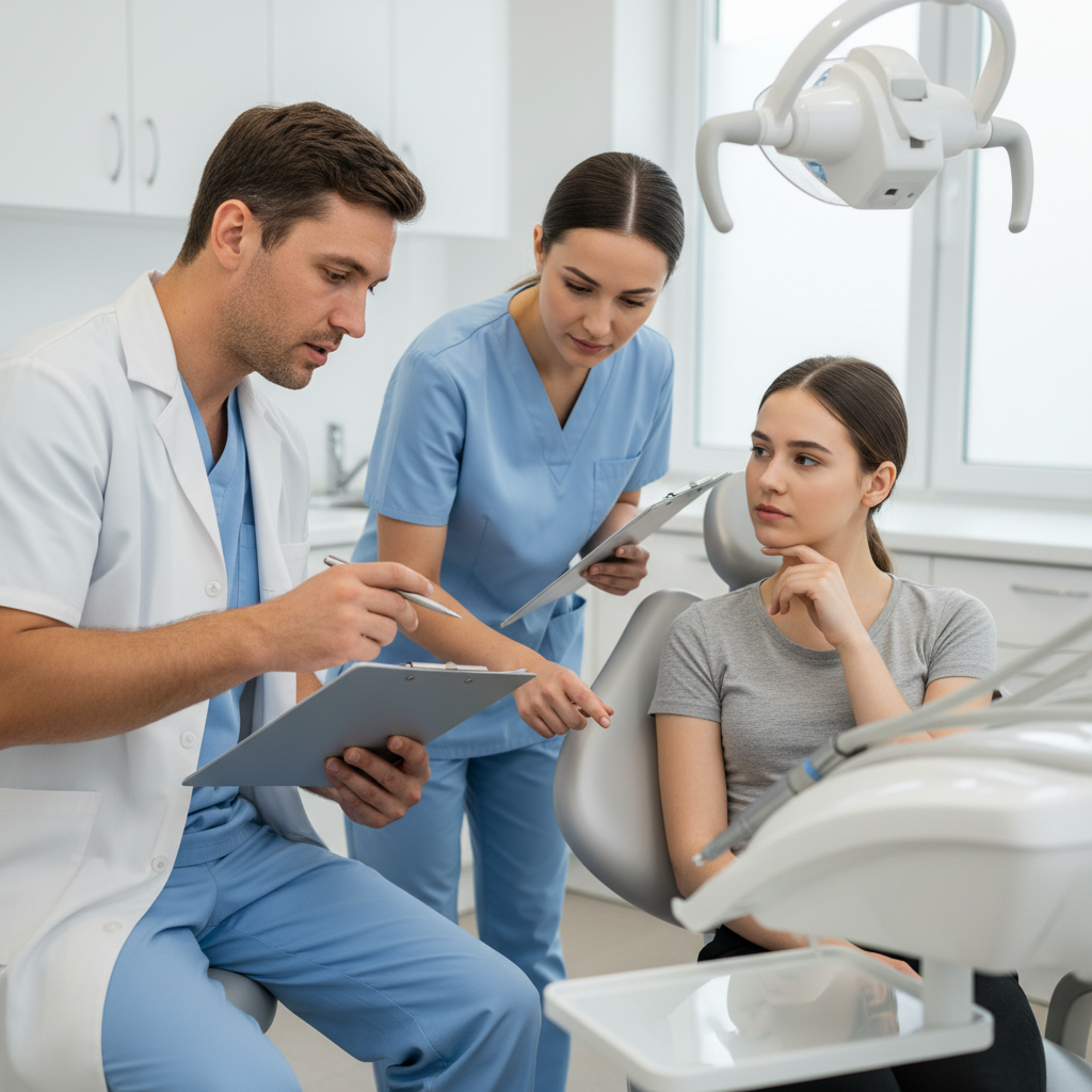 一队牙科专业人员现场试用新牙科治疗椅,并根据检查表对其功能进行评分。