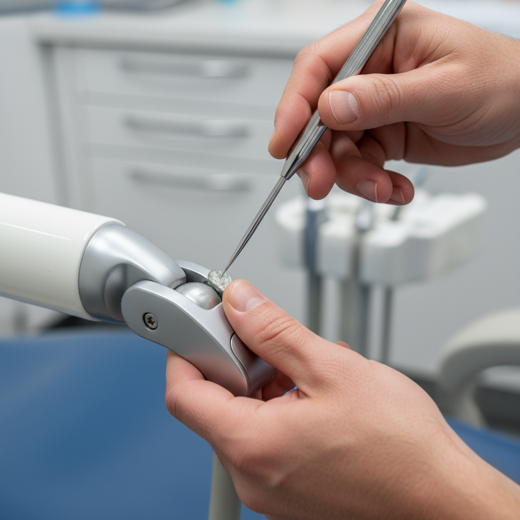 一名技术人员正在对牙科治疗椅的机械关节进行定期润滑,强调日常维护的重要性。