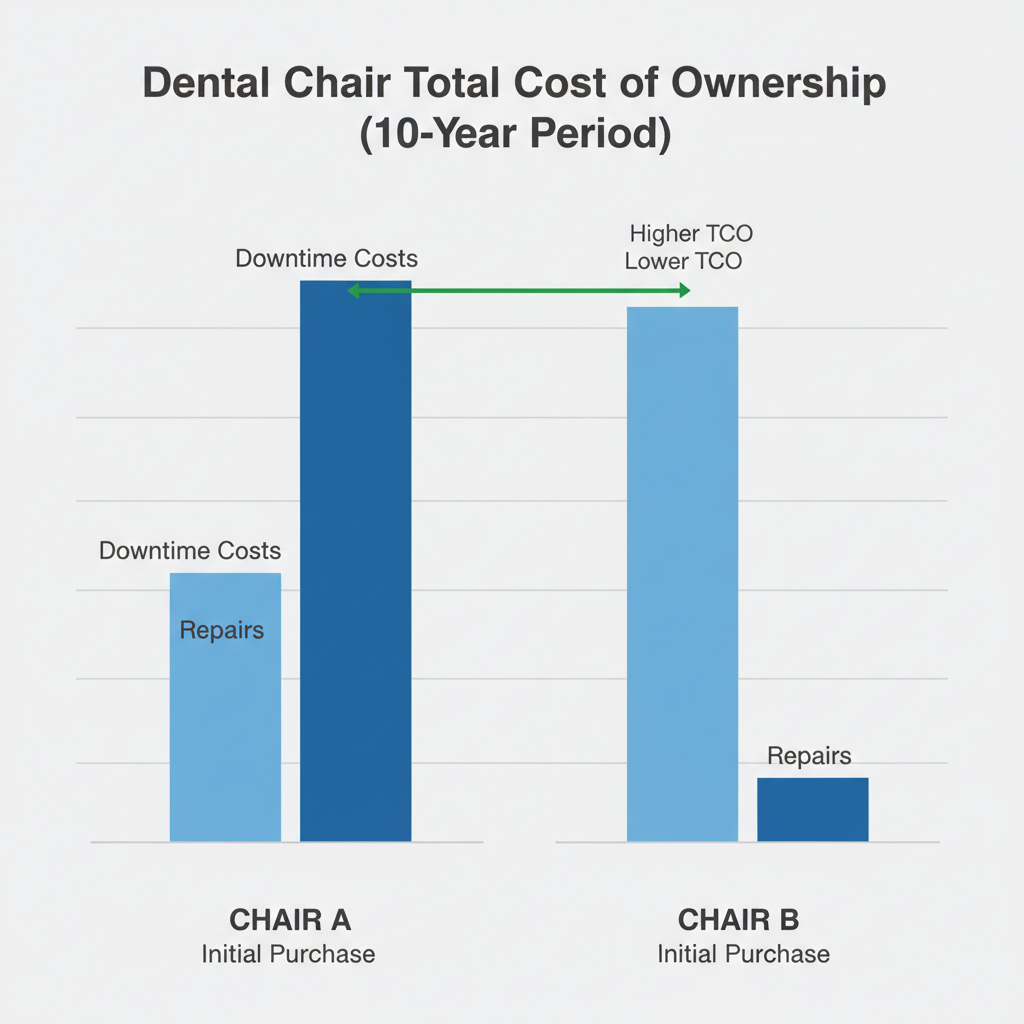 An infographic illustrating the Total Cost of Ownership for a dental chair, comparing a low upfront cost chair with high maintenance costs to a higher upfront cost chair with low long-term costs.