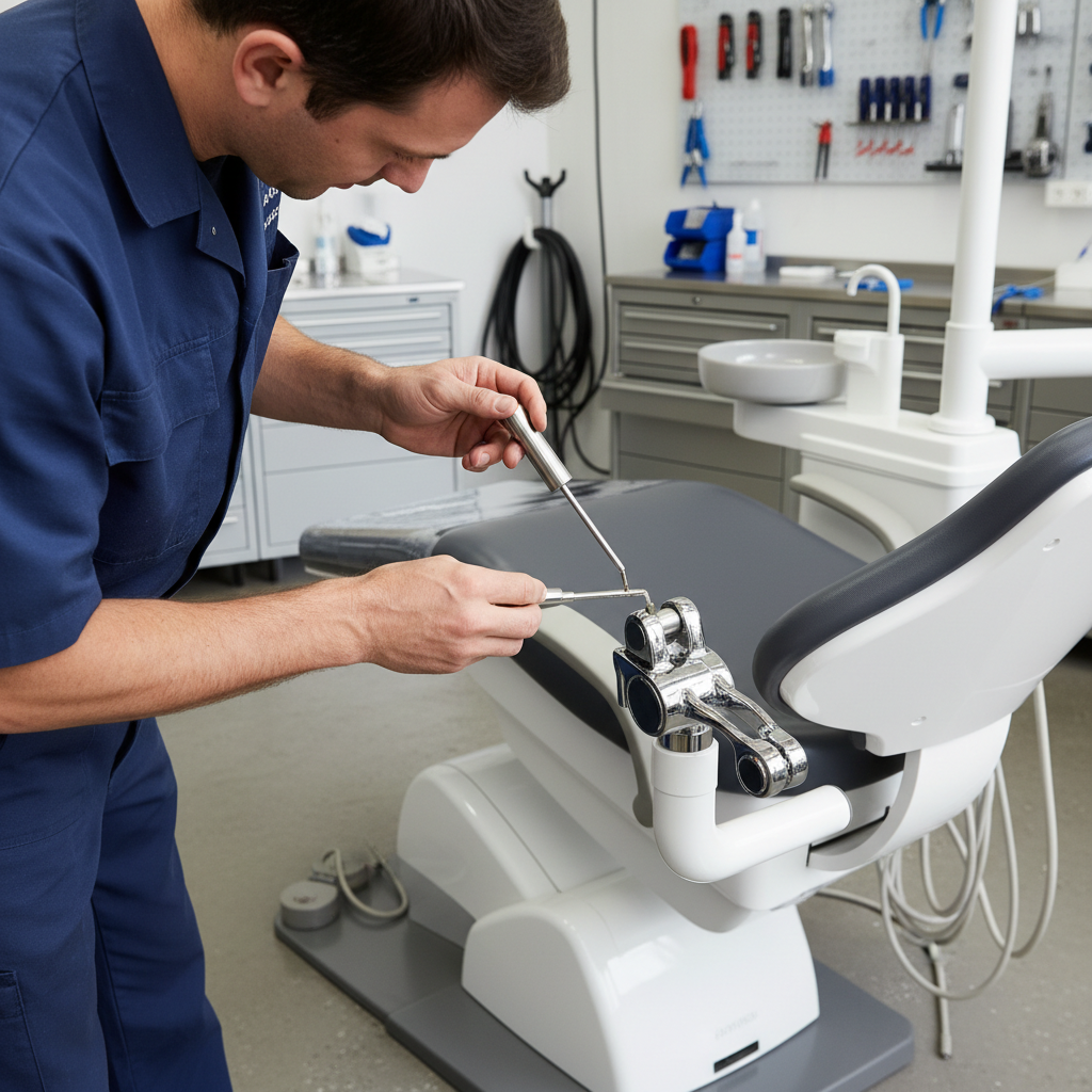 A dental technician in a clean, well-lit workshop is servicing the base of a dental chair, checking connections and lubricating parts.