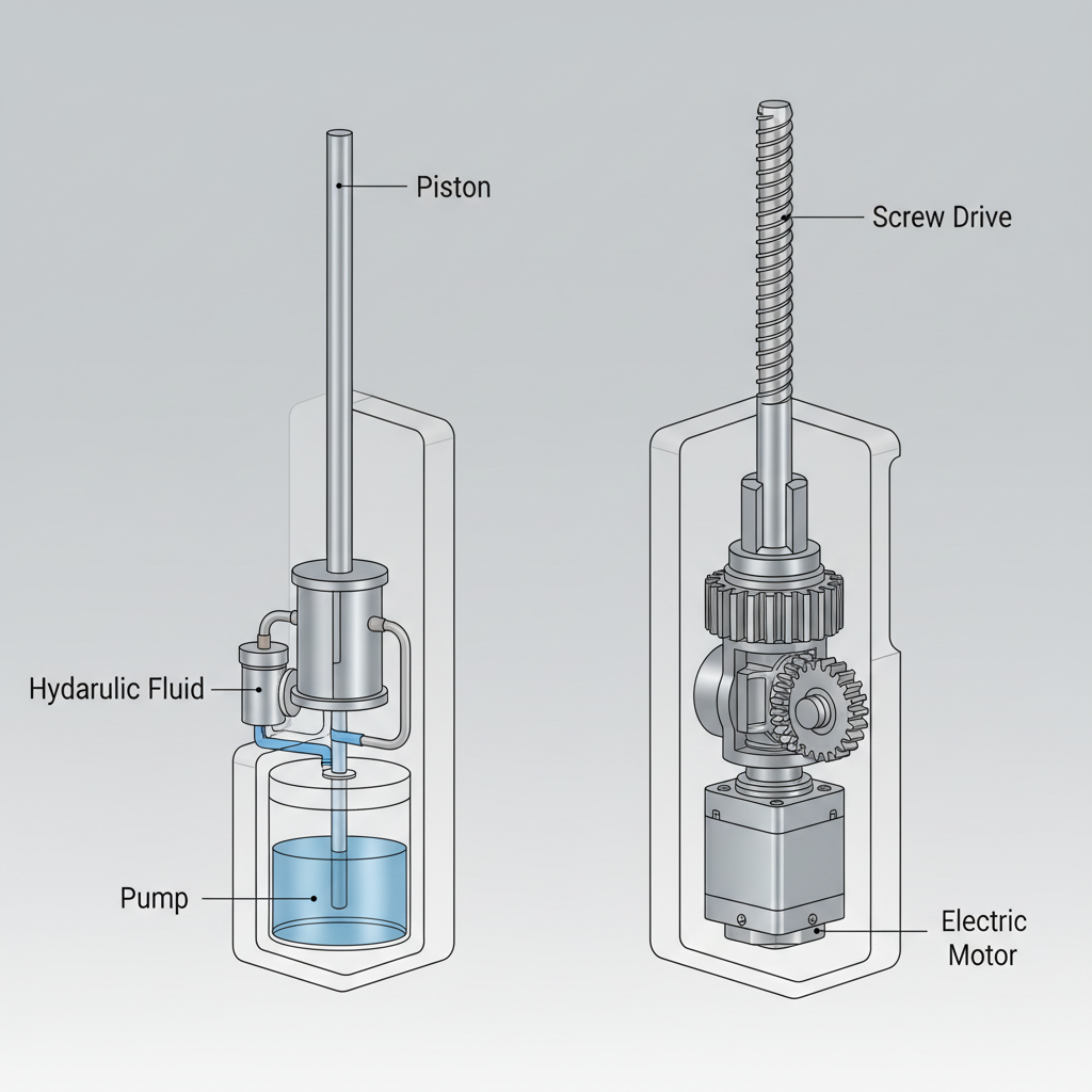 A detailed cutaway diagram showing the internal components of a hydraulic lift system on one side and an electromechanical lift system on the other.
