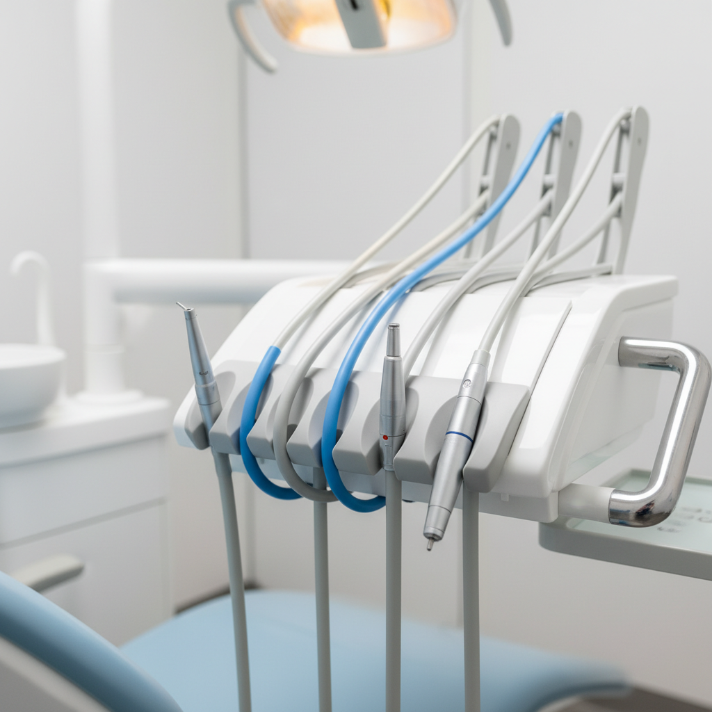 A close-up view of a well-organized dental chair delivery system, showing neatly routed, kink-free tubing for handpieces and syringes.