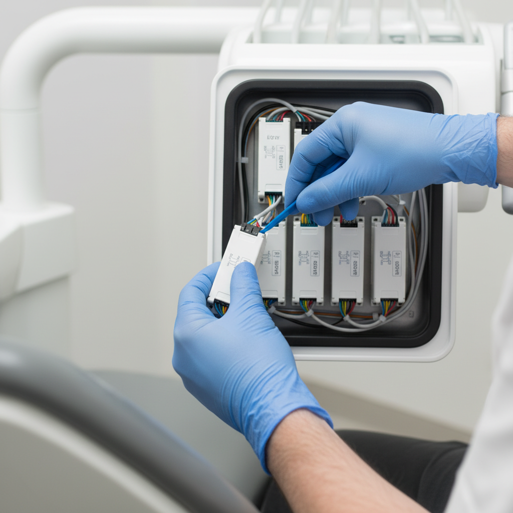 A service technician easily replacing a modular component on a dental chair, highlighting the accessibility of internal parts.