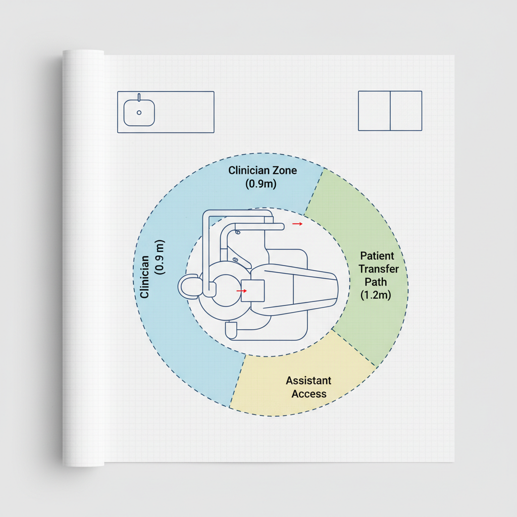 一张自上而下的牙科手术室布局蓝图,清楚地显示了牙科手术椅周围的推荐间隙区域,以便病人转移和医生移动。