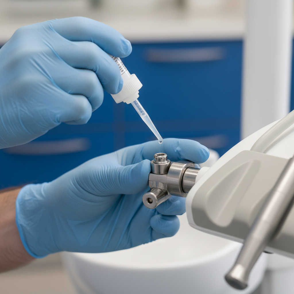 特写镜头,一只戴着手套的手正在润滑牙科椅上的机械关节,突出了主动维护的特点。