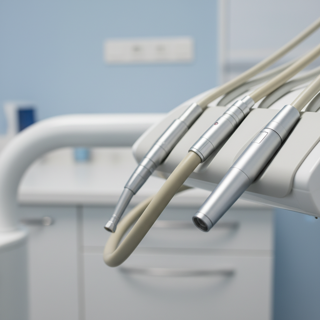 A correctly set up dental instrument hose with a slight, 5-10cm slack to prevent drag and twisting.