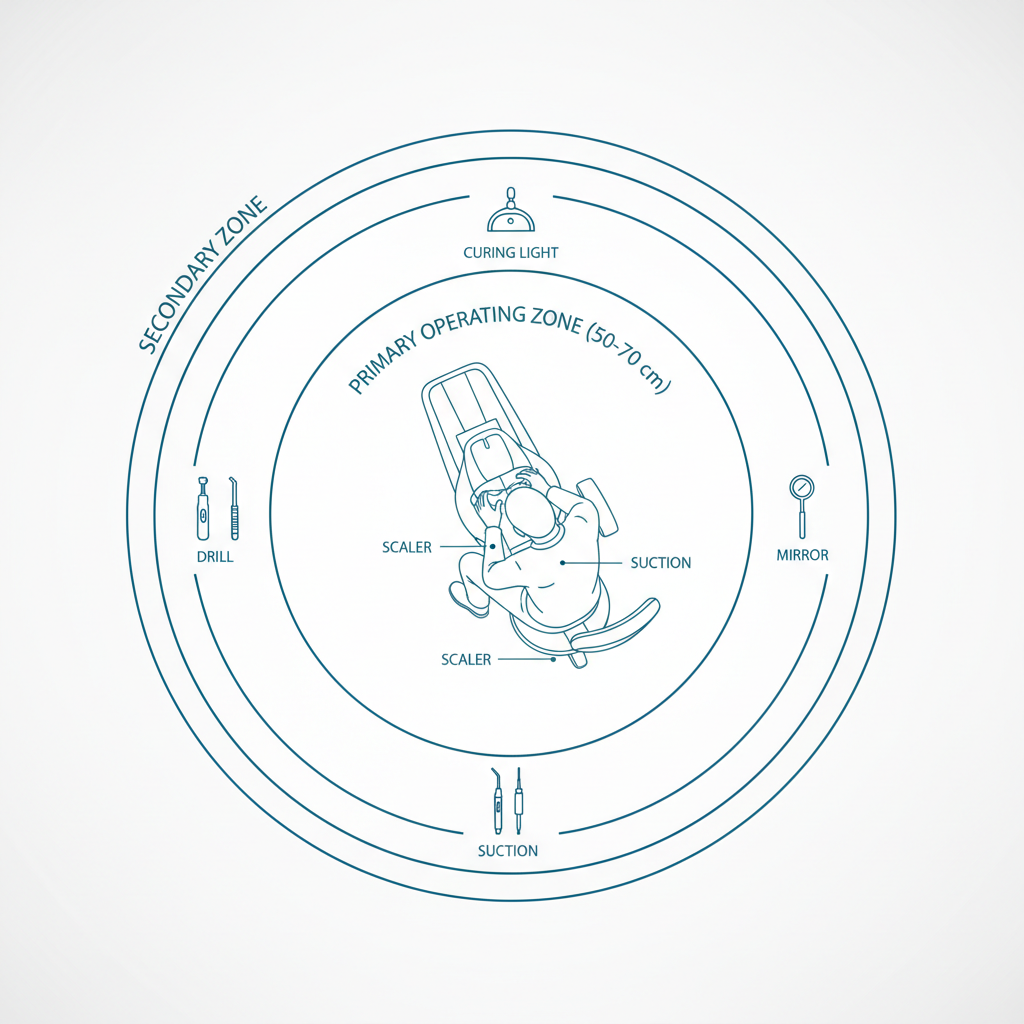 An illustration showing the optimal ergonomic zones for a dentist, with primary instruments within a 50-70cm radius.
