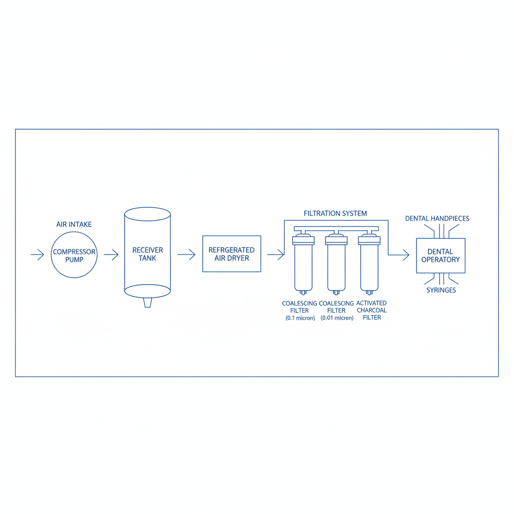 A schematic of a full dental air compressor system, including the compressor, receiver tank, dryer, and filters.