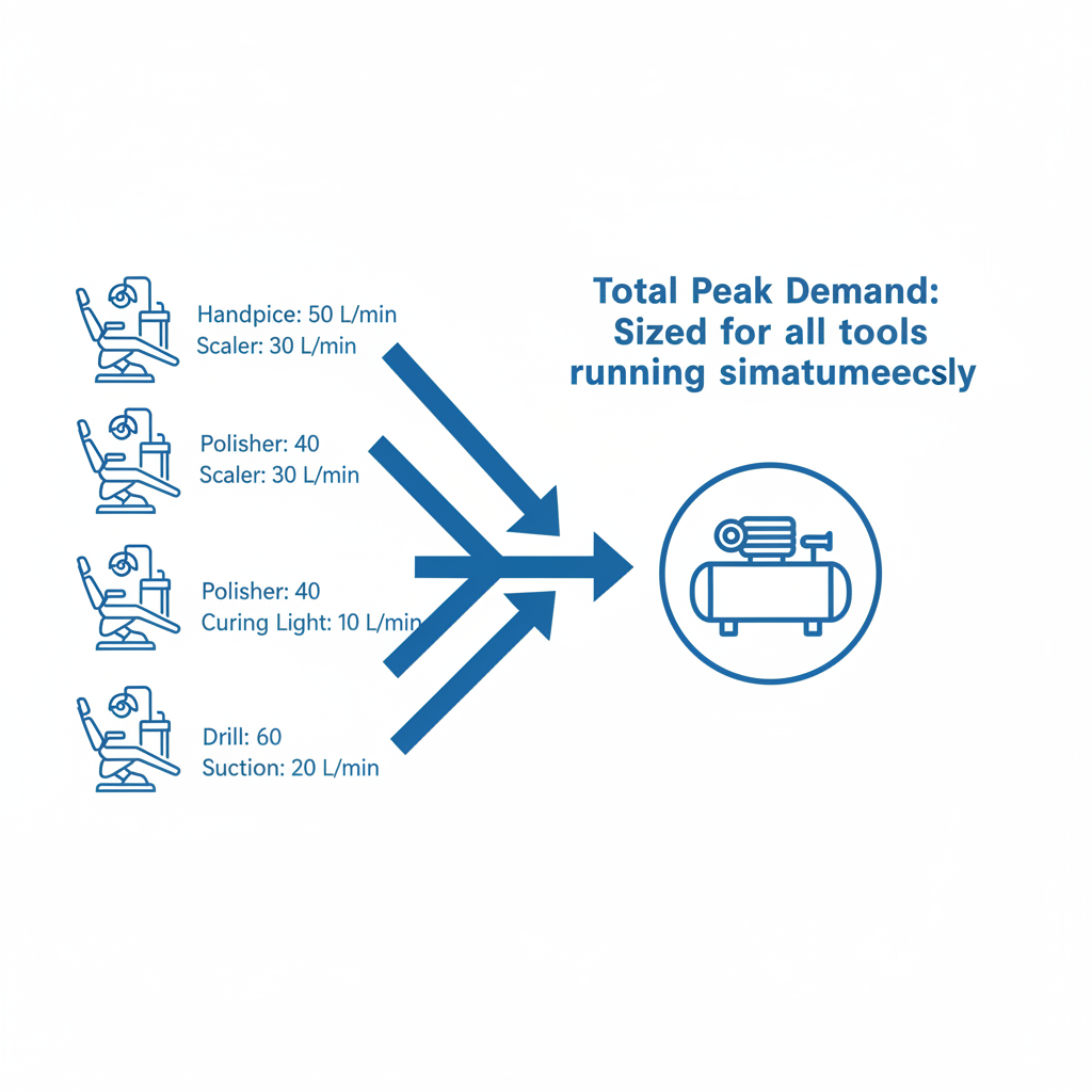 A diagram illustrating how air demand from multiple dental chairs adds up to a total peak requirement for a compressor.
