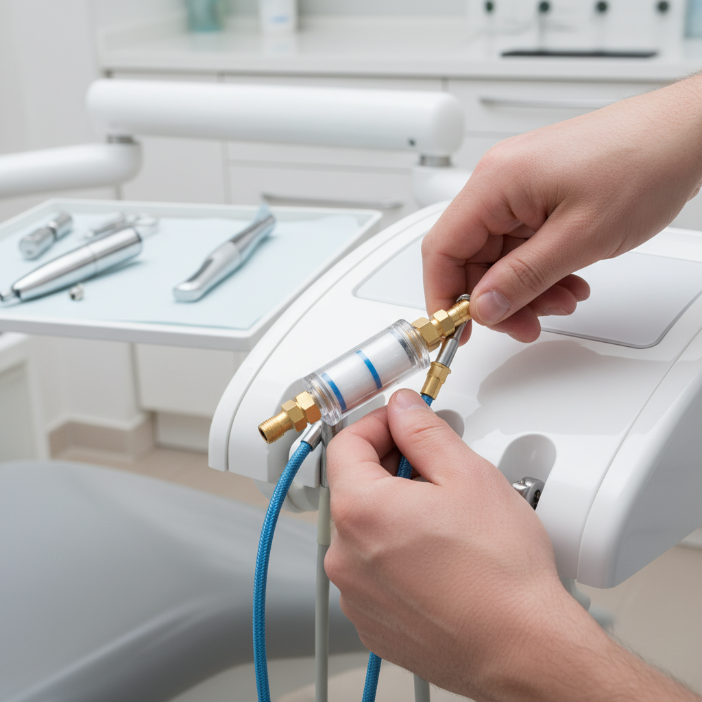An emergency inline moisture filter being installed on a dental air line as a temporary solution.