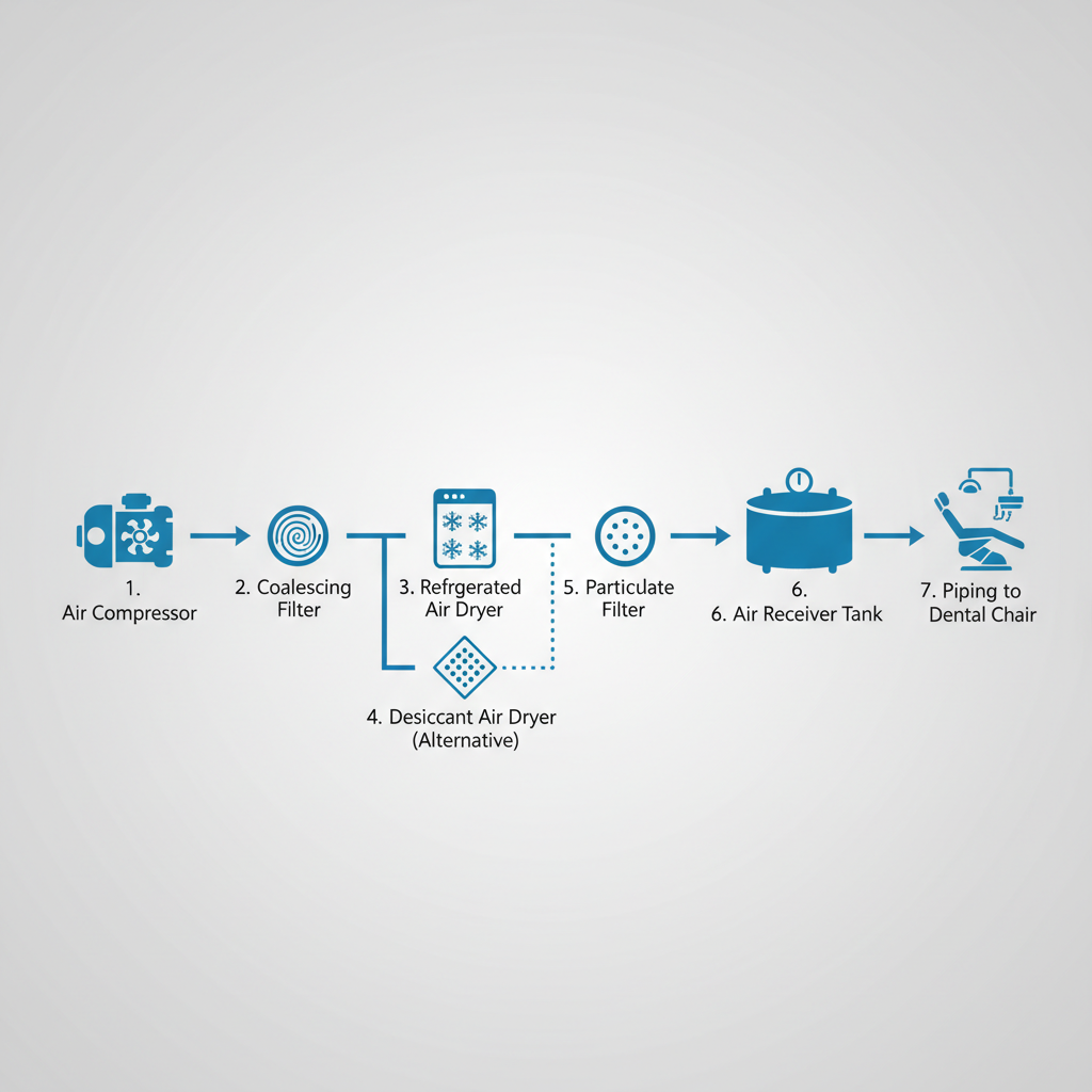 A diagram showing the components of a dental air filtration and drying system, from the compressor to the dental chair.