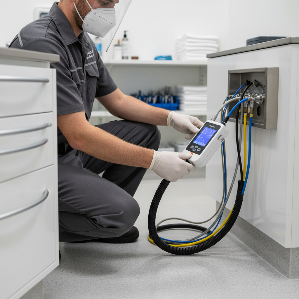 A dental technician in a clean, well-lit utility room is using a handheld air quality testing device at the point-of-use connection for a dental chair.