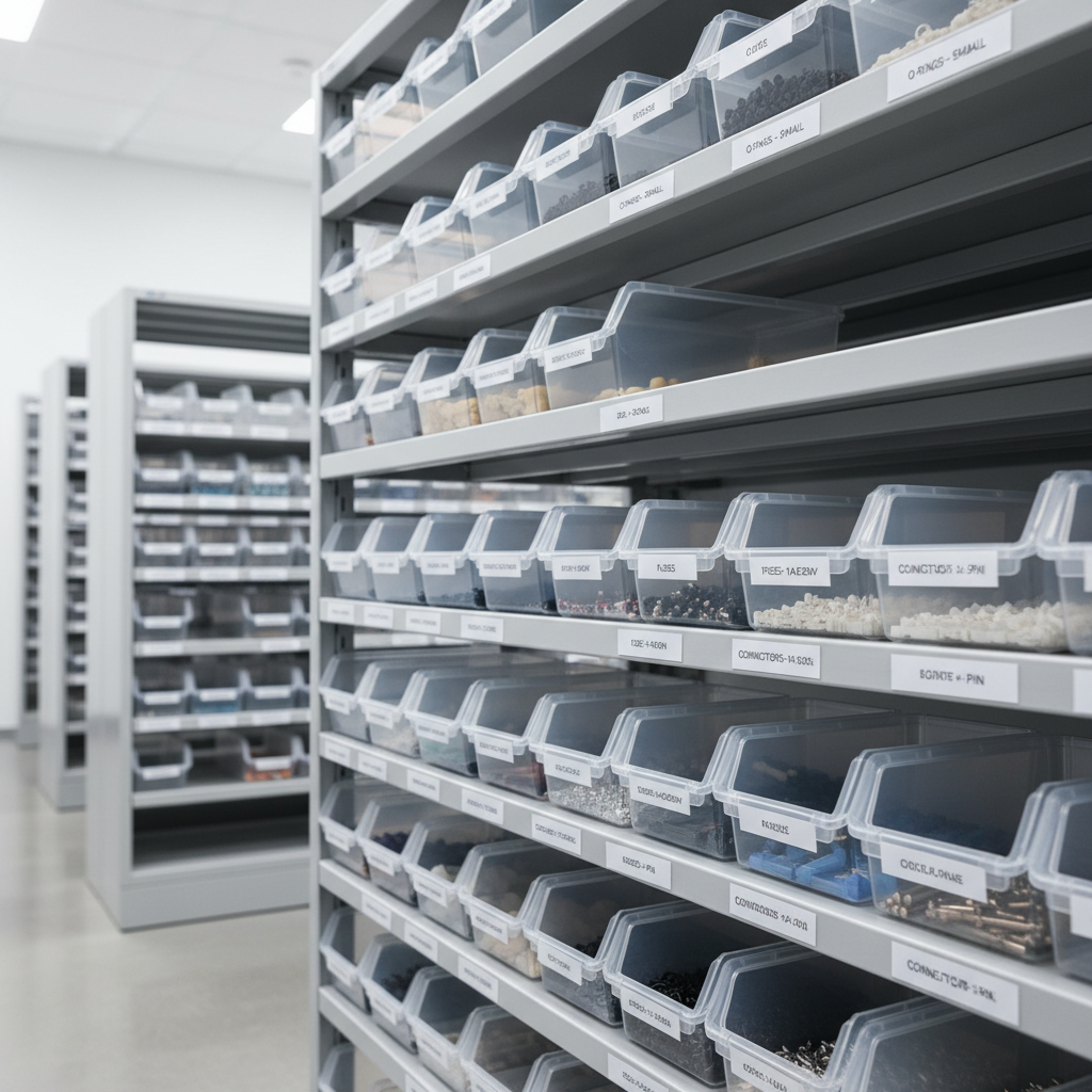Organized storage bins for dental chair spare parts, crucial for quick repairs.