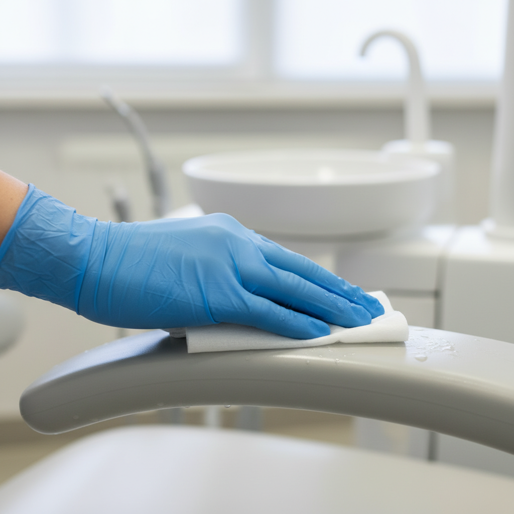 A dental professional in blue gloves carefully wiping down the smooth surface of a dental chair's armrest with a disinfectant wipe.