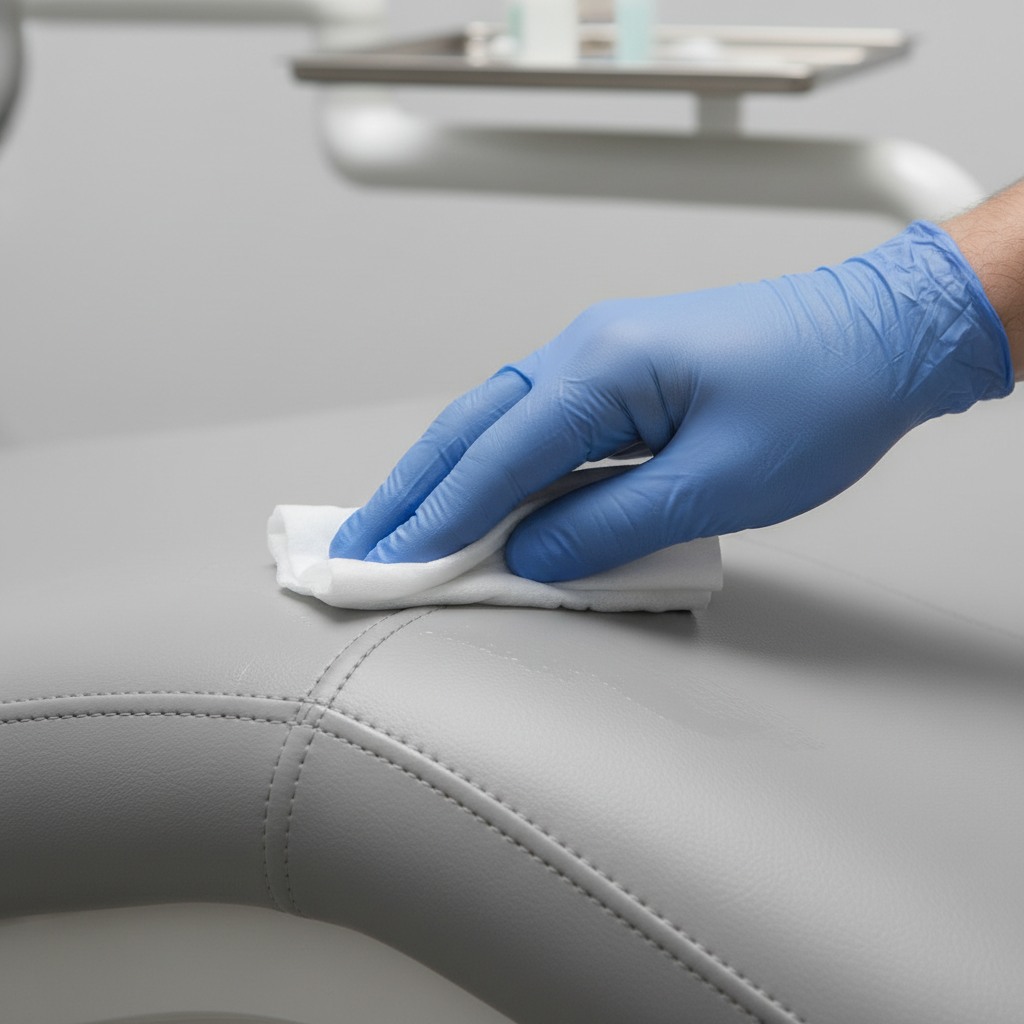 A close-up detail shot of the seamless, coved upholstery on a modern dental chair, highlighting its cleanability.