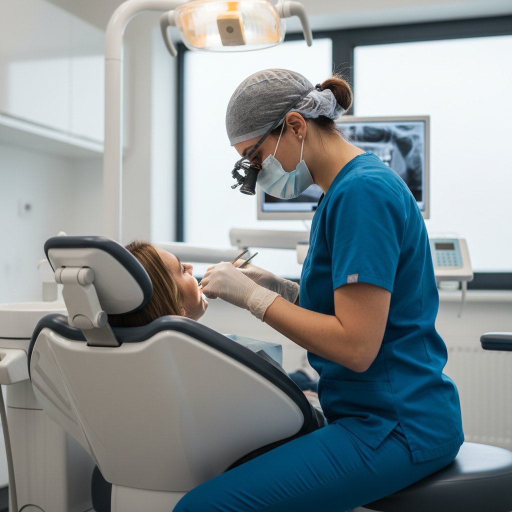A dentist demonstrating good posture while working on a patient in an ergonomically adjusted dental chair.