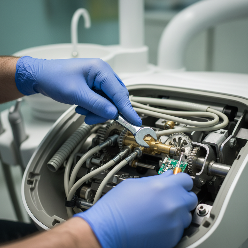 一名牙科技师正在对牙科治疗椅的内部组件进行预防性维护。