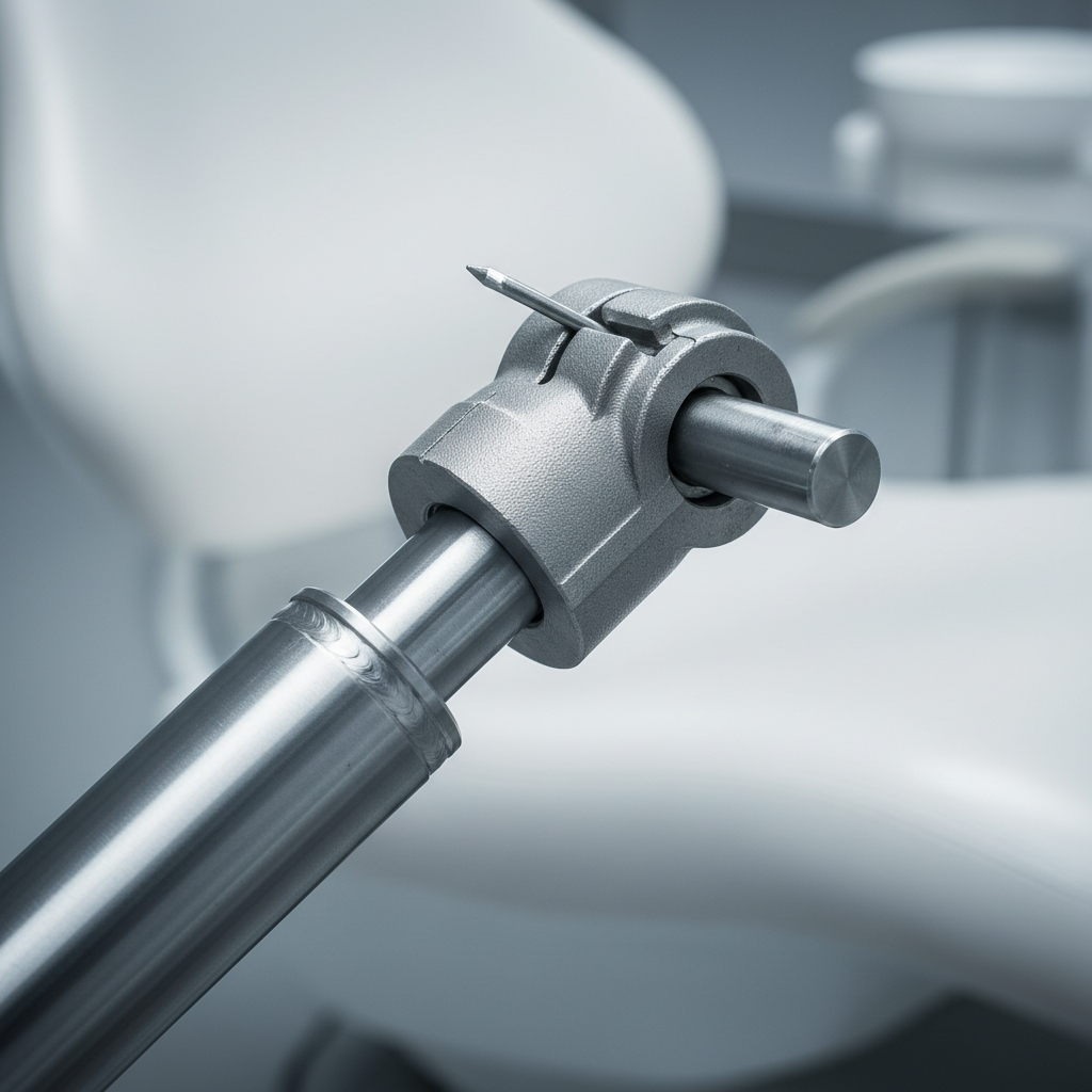 A close-up view of the robust mechanical joint and lifting arm of a modern dental chair, highlighting its solid metal construction and clean design.