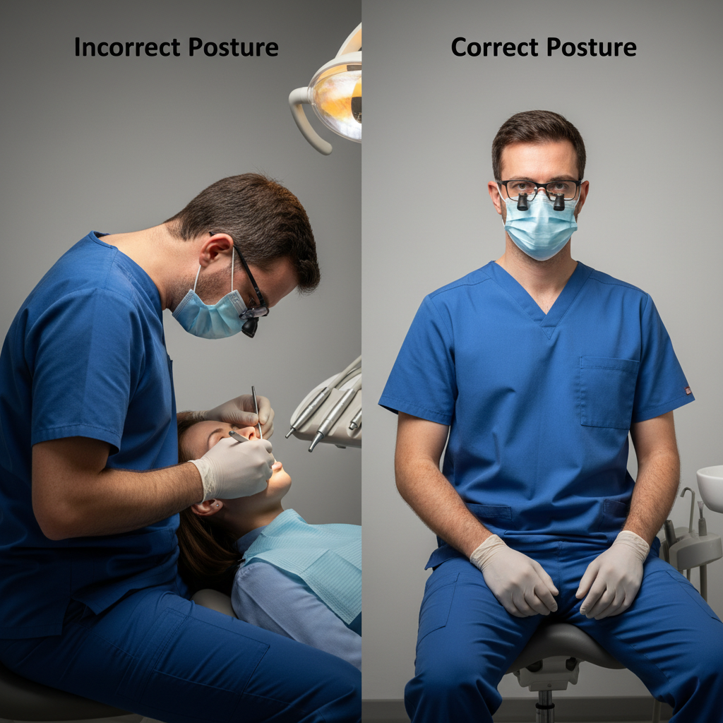 A split-screen image contrasting a dentist with poor, hunched posture versus a dentist with correct, upright ergonomic posture.