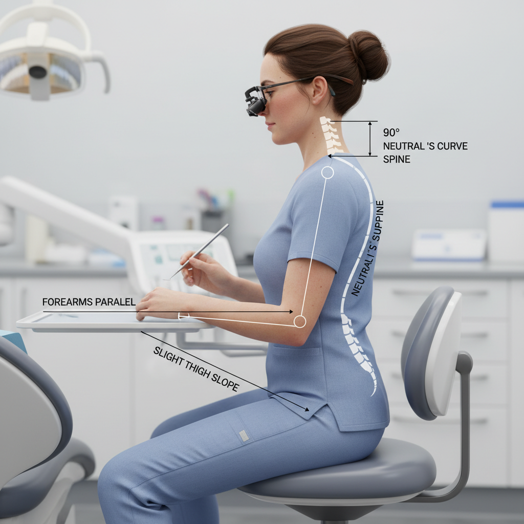 Diagram showing a dentist with correct ergonomic posture, with forearms parallel to the floor and elbows at a 90-degree angle.