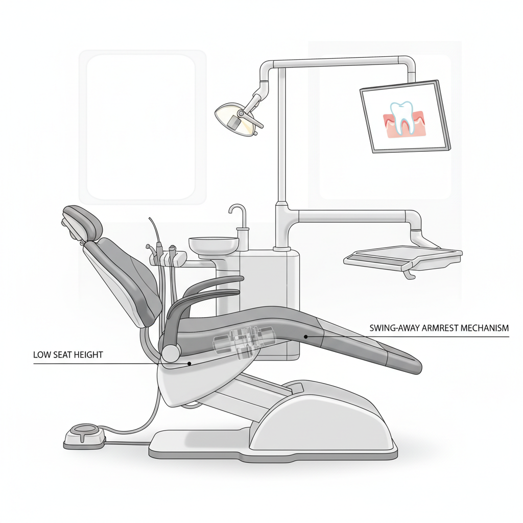 无障碍牙科椅的侧视图,强调了其较低的入口高度和宽阔的横向转移空间。
