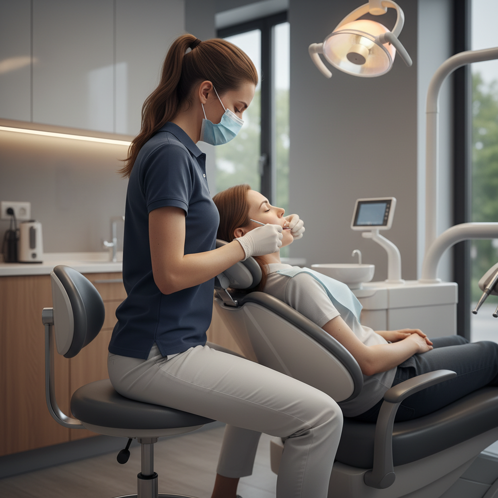 A dentist working comfortably on a patient, demonstrating ideal posture supported by an ergonomic dental chair design.