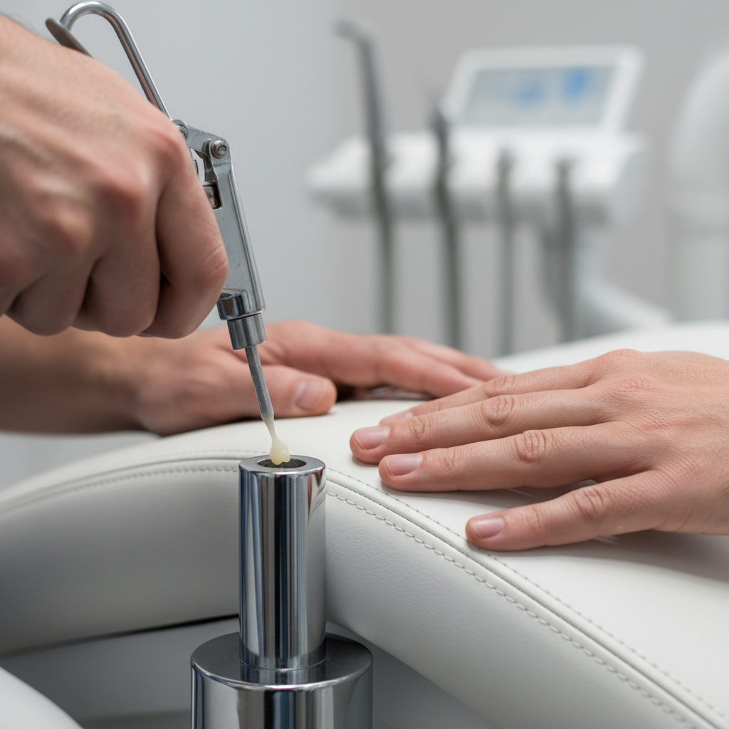 A technician performing a detailed maintenance check on a dental chair, focusing on the upholstery seams and hydraulic components.