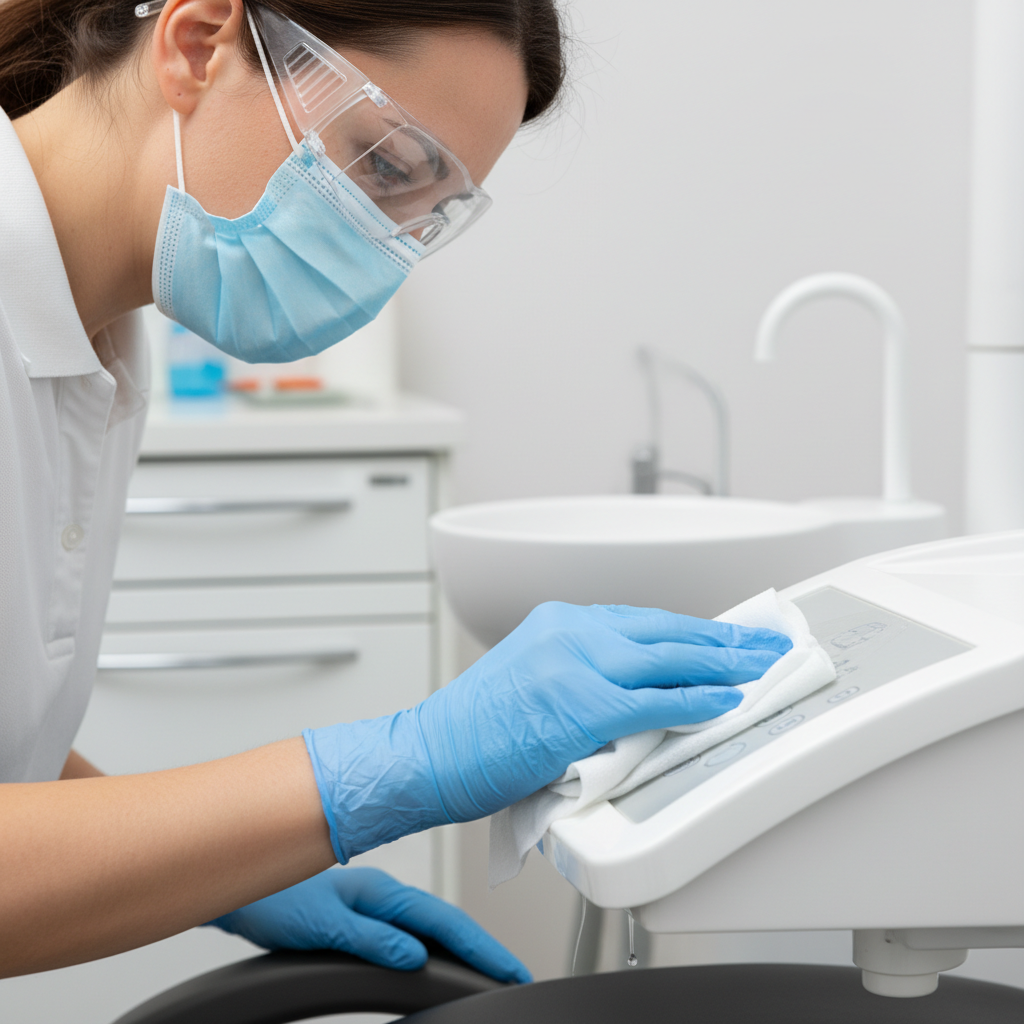 A dental assistant in protective gear carefully disinfecting the high-touch surfaces of a dental chair between patients.